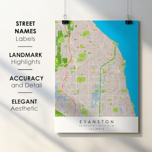 Evanston IL City Map Print Poster with Street Name Instant Digital Download, Evanston Illinois Printable Map