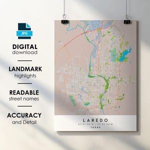 Laredo Tex Stadt Karte Print Poster mit Straßenname Sofortiger digitaler Download, Laredo Texas druckbare Karte