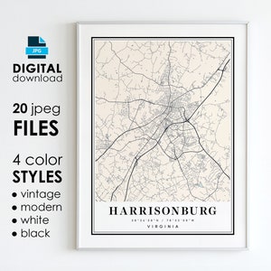 Harrisonburg Virginia Map Art Print: Modern, Vintage Styles (Digital Download)