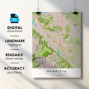 Murrieta CA City Map Print Poster with Street Name Instant Digital Download, Murrieta California Printable Map