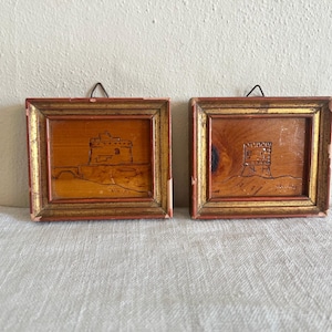 Pair of Mini Vintage Italian Castle Sketches in Florentine Frames