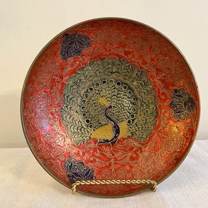 Vintage Brass and Enamel Bowl with Peacock, Decorative Fruit Bowl