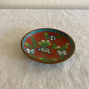 Vintage Mid Century Cloisonné Trinket Tray, Small Copper Enamel Dish