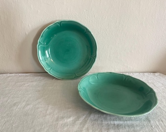 Pair Vintage Petal Green Coupe Soup Bowls, Mount Clemens