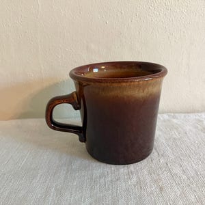 May include: A brown ceramic mug with a handle. The mug has a dark brown base that fades to a lighter brown at the rim. The mug is sitting on a white surface.