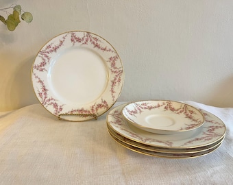 Set of 4 French Haviland Limoges Luncheon Plates plus 1 Saucer, Pink Roses Floral Vintage Porcelain Dinnerware, Schleiger 145a