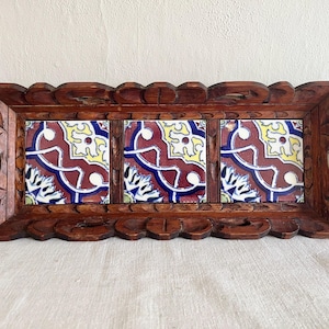 Vintage Mexican Tile Carved Wooden Tray with Handles, Folk Art Serving Tray