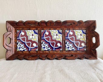 Vintage Mexican Tile Carved Wooden Tray with Handles, Folk Art Serving Tray