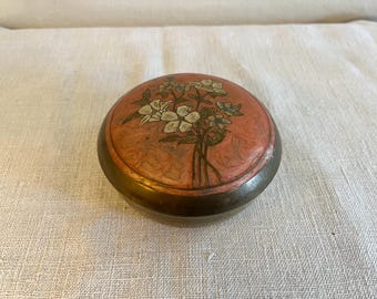 Vintage Brass and Enamel Lidded Box, Small Round Jewelry Holder