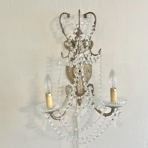 Vintage Brass and Crystal Ornate Wall Sconce, French Regency Style Electric Lighting