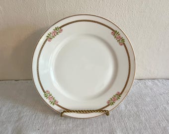 French Theodore Haviland Limoges Salad Plate, Pink Roses with Green and Gold Band, Vintage Porcelain Dinnerware, Schleiger 636A
