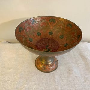 Vintage Brass and Enamel Pedestal Bowl with Peacock, Decorative Fruit Bowl
