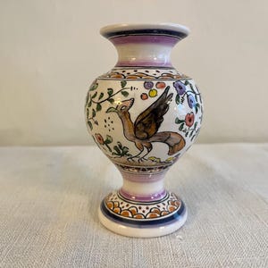 Vintage Handpainted Ceramic Vase, Portuguese Decorative Faience Birds and Floral Vase, Ceramica Conimibriga