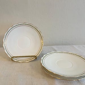 French B&H Limoges Teacup Saucer Plates, set of 3, Blakeman Henderson, Green Ovals with Gold Trim, Vintage Porcelain Dinnerware