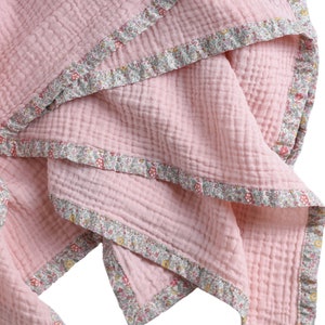 Pink Cotton Gauze Baby Swaddle with Liberty of London Floral Trim • Muslin Swaddle Baby Girl • Liberty of London Baby Blanket
