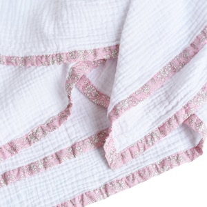 White Cotton Gauze Baby Swaddle with Liberty of London Floral Trim • Muslin Swaddle Baby Girl • Liberty of London Baby Blanket