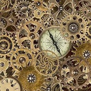 May include: A detailed image showcasing a collection of antique clock gears and clock faces. The gears are various sizes and shapes, in shades of gold and bronze. Several clock faces and a compass are interspersed throughout the design, creating a steampunk aesthetic.