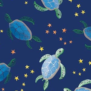 May include: Navy blue fabric with a repeating pattern of sea turtles and stars. The turtles have blue shells and green flippers, and the stars are yellow and orange. The fabric is labelled "Sea Turtles Navy".