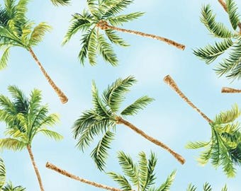 Palmeras en azul claro: un paraíso de Nicole DeCamp para Benartex. Palmeras exuberantes, ideales para proyectos de patchwork, manualidades y confección.