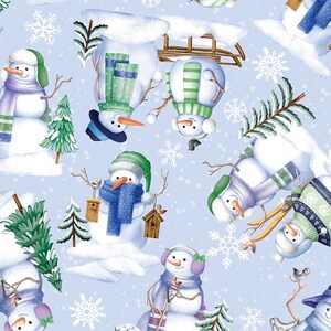 Snowflake Wishes Snowman Village on Light Blue from  Benartex, Digital Print, Quilting Cotton, Non-Directional