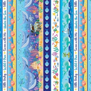 May include: Fabric panel featuring a vibrant underwater scene with dolphins, sea turtles, and coral reefs. The design includes vertical stripes with text that reads "Swim with Me", "Wild & Free", and "Little Fishy". The fabric measures 44" x 24".