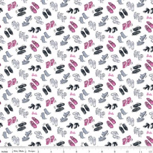 PRICED to MOVE BTY Barbie Girl Tossed Shoes on White from Riley Blake Fabric Quilting Cotton Great for Quilts, Apparel, and Masks
