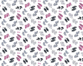 PRICED to MOVE BTY Barbie Girl Tossed Shoes on White from Riley Blake Fabric Quilting Cotton Great for Quilts, Apparel, and Masks