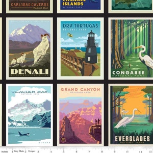 May include: A collage of nine vintage-style travel posters featuring different national parks in the United States. The posters are colorful and feature illustrations of mountains, forests, and wildlife. The names of the parks are listed on each poster, including Carlsbad Caverns National Park, Channel Islands National Park, Denali National Park, Dry Tortugas National Park, Glacier Bay National Park, Grand Canyon National Park, Congaree National Park, and Everglades National Park.