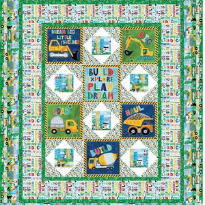 May include: A colorful quilt with a construction theme. The quilt features a variety of construction vehicles, including bulldozers, dump trucks, and cement mixers. The quilt also features the words "Dream Big Little Builder", "Build Explore Play Dream", "Load", "Haul", and "Build".
