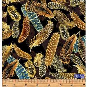 Gilded Feathers Black By Kanvas Studio For Benartex Cut to Order, Great for Quilting, Metallic