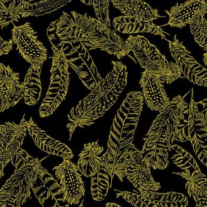 Gilded Feathers Black & Gold By Kanvas Studio For Benartex Cut to Order, Great for Quilting, Metallic