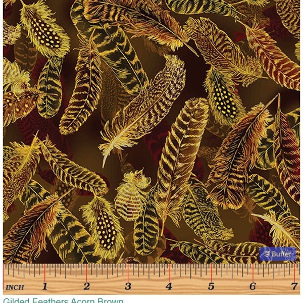 Gilded Feathers Acorn Brown By Kanvas Studio For Benartex Cut to Order, Great for Quilting, Metallic