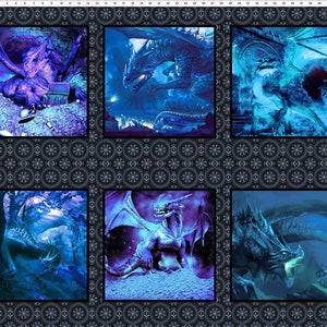 May include: A collage of six images featuring blue dragons in various poses and settings. The dragons are depicted in a fantasy style with glowing blue scales and wings. The images are set against backgrounds of dark blue, purple, and black.