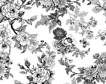 Garden Floral Decoupage Toile Black and White 5DC-1 Floral Print by Jason Yenter for In the Beginning Fabrics, Quilting Cotton Active