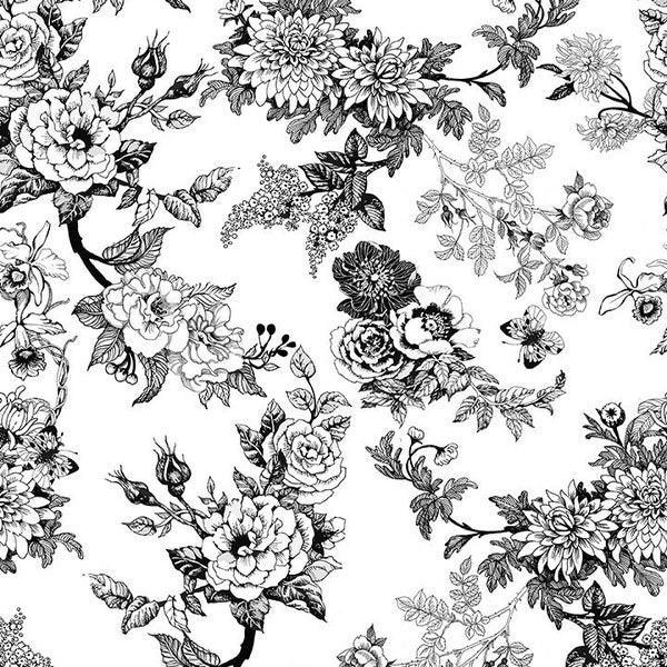 Garden Floral Decoupage Toile Black and White 5DC-1 Floral Print by Jason Yenter for In the Beginning Fabrics, Quilting Cotton Active