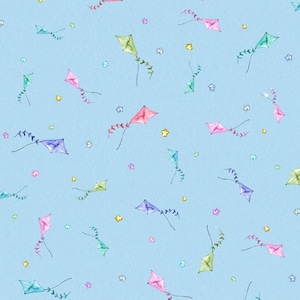 May include: A light blue background with a repeating pattern of colorful kites with tails. The kites are in various shades of pink, blue, green, and purple. There are also small yellow stars scattered throughout the pattern.