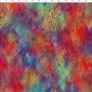 May include: A colorful fabric with a repeating pattern of stylized leaves in shades of red, blue, green, and purple. The leaves are outlined in black and have a watercolor effect.