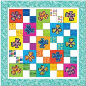 May include: A square quilt featuring a patchwork grid of colorful squares with butterfly motifs and various geometric patterns. The quilt is bordered by a light teal frame and includes vibrant colors like red, yellow, orange, pink, and blue.