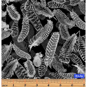 Gilded Feathers Charcoal By Kanvas Studio For Benartex Cut to Order, Great for Quilting, Metallic