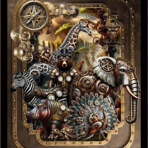 Peut inclure: Illustration de style steampunk avec divers animaux, dont un zèbre, un hippopotame, un éléphant et un paon, tous ornés de détails complexes d'horlogerie et d'engrenages. L'œuvre est encadrée d'une boussole et d'engrenages.