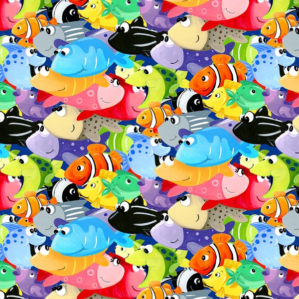 Under the Sea Digital Allover Fish Multi designed by Susybee for Clothworks, Baby Shower Giftidea, Baby Girl, Baby Boy, Quilting Cotton