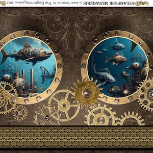 May include: A steampunk-themed illustration featuring circular portholes with underwater scenes. Each porthole showcases marine life and mechanical elements, set against a backdrop of gears and intricate patterns. The color palette includes shades of brown, gold, and blue.