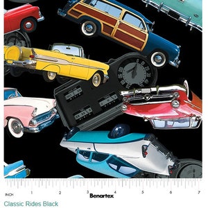 May include: A black background with a repeating pattern of vintage cars in various colors, including red, yellow, blue, green, and pink. The cars are all in different positions, some are upside down, and some are overlapping. The image includes the text "Classic Rides Black" and "1471612B".