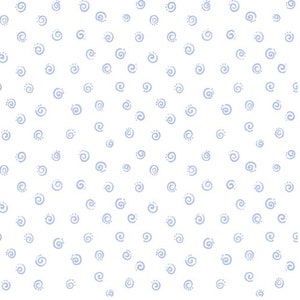 May include: A white background with a repeating pattern of light blue swirls.