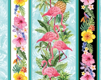 Paradise Awaits - Paradise Stripe Multi Colors on Light Blue, by Nicole DeCamp for Benartex, Tropical Flamingos, Quilting cotton