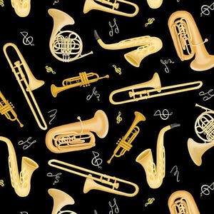May include: A seamless pattern featuring various gold musical instruments on a black background. The instruments include a trumpet, trombone, tuba, french horn, saxophone, and a clarinet.
