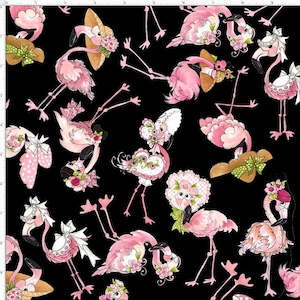 Tossed Flamingos on Black from Loralie Designs Whimsical Feathered Friends, Quilting cotton 100% cotton