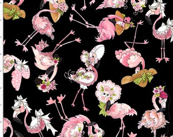 Tossed Flamingos on Black from Loralie Designs Whimsical Feathered Friends, Quilting cotton 100% cotton