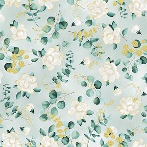 Home Sweet Home Eucalyptus Leaves & White Roses on Sage with Gold Accents from Hoffman California, Digital Print, Holidays