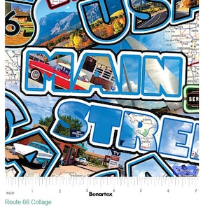 America&#39;s Highway Route 66 Collage by KANVAS STUDIO for Benartex, Fine Cotton, Cut to Order, Quilting Cotton, Sewing, Apparel